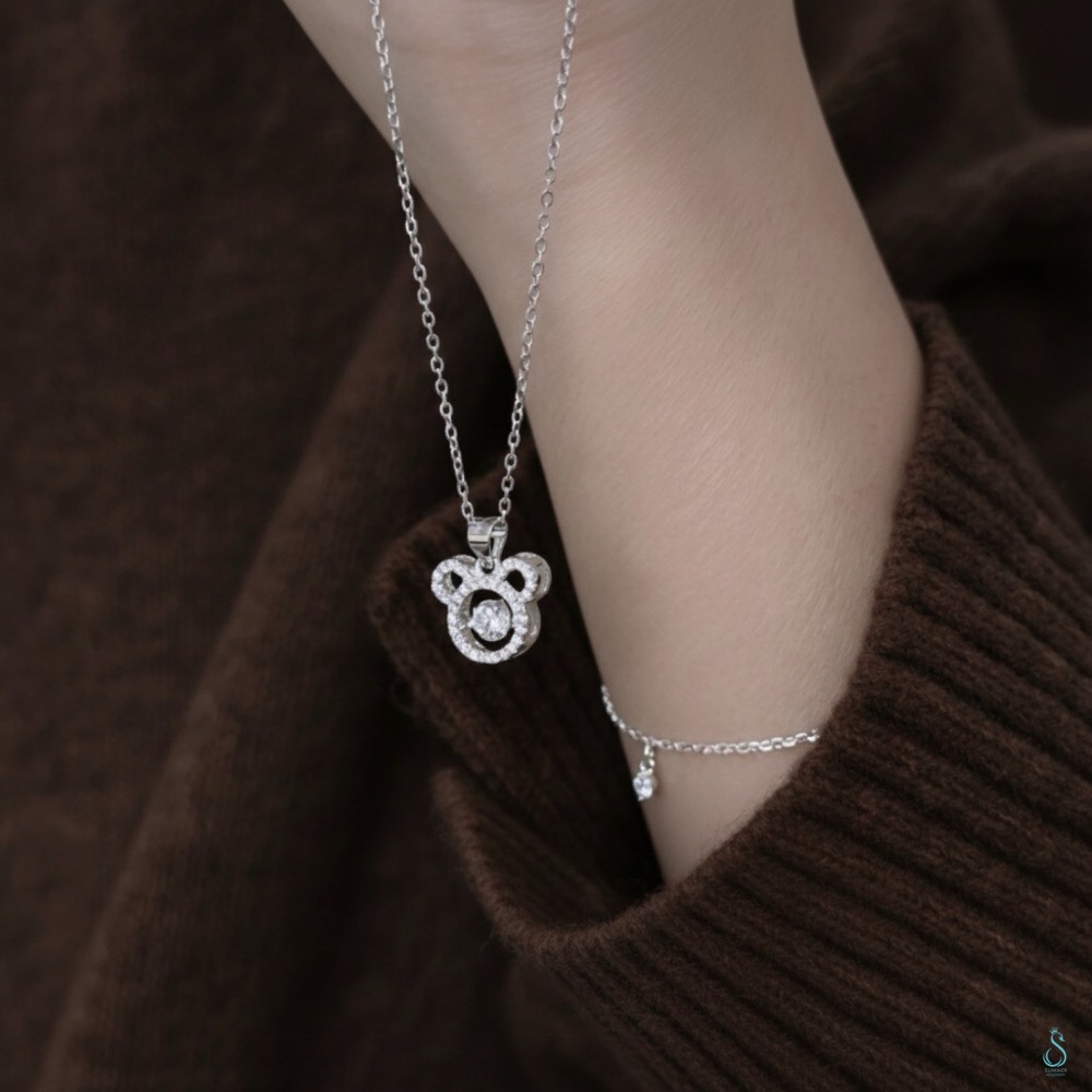 SUMMER 銀飾💫［925純銀］🐻閃鑽小熊靈動項鏈 ✨中間鑽會跳動喔✨純銀項鏈 純銀飾品-細節圖6