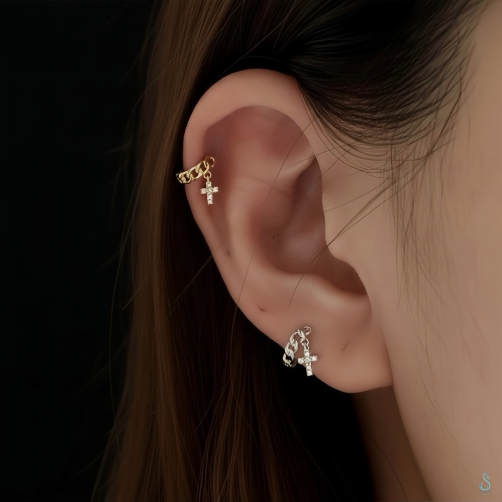 SUMMER韓 銀飾💫［925純銀］迷你貼耳 十字架麻花耳環 迷你耳骨環 正韓 耳骨耳環 純銀耳環 純銀飾品-細節圖3