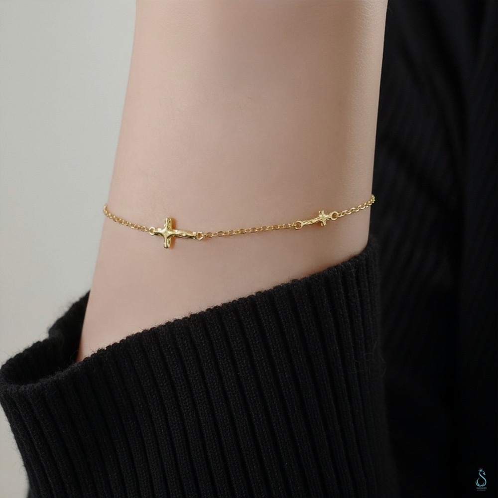 SUMMER韓 銀飾💫［925純銀］My Faith簡約十字架手鏈 正韓 雙十字架手鏈 純銀手鏈 純銀飾品-細節圖3