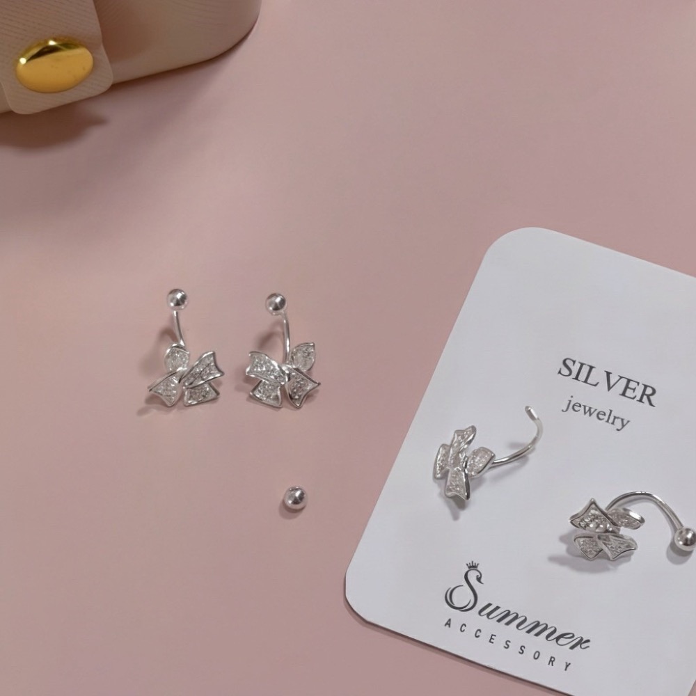 SUMMER 銀飾💫［999足銀］🎀蕾絲蝴蝶結轉珠耳環 鎖珠式耳環 純銀耳環 純銀飾品-細節圖3