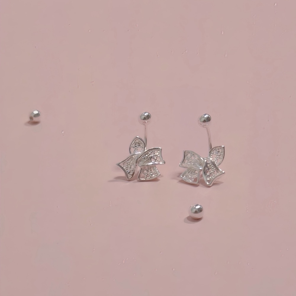 SUMMER 銀飾💫［999足銀］🎀蕾絲蝴蝶結轉珠耳環 鎖珠式耳環 純銀耳環 純銀飾品-細節圖4