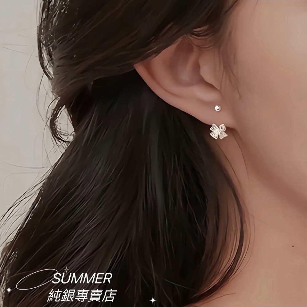 SUMMER 銀飾💫［999足銀］🎀蕾絲蝴蝶結轉珠耳環 鎖珠式耳環 純銀耳環 純銀飾品-細節圖5