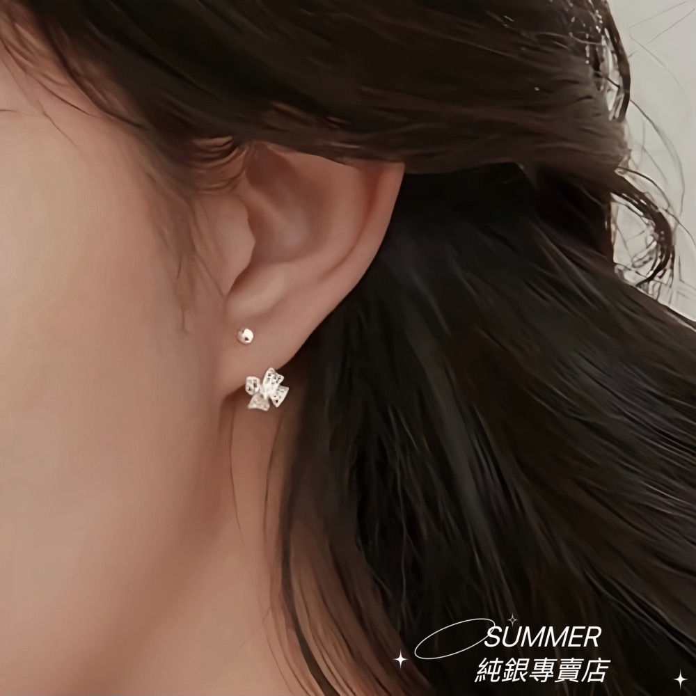 SUMMER 銀飾💫［999足銀］🎀蕾絲蝴蝶結轉珠耳環 鎖珠式耳環 純銀耳環 純銀飾品-細節圖6