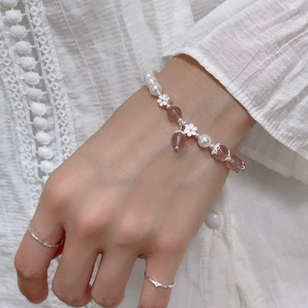 SUMMER 銀飾💫［925純銀］小清新款 天然草莓晶石手鏈 紅草莓晶/綠草莓晶 天然晶石手鍊  純銀手鏈 晶石能量手-細節圖3