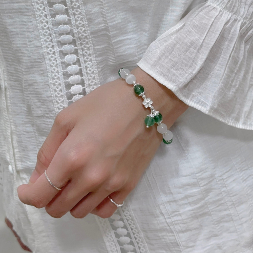 SUMMER 銀飾💫［925純銀］小清新款 天然草莓晶石手鏈 紅草莓晶/綠草莓晶 天然晶石手鍊  純銀手鏈 晶石能量手-細節圖4