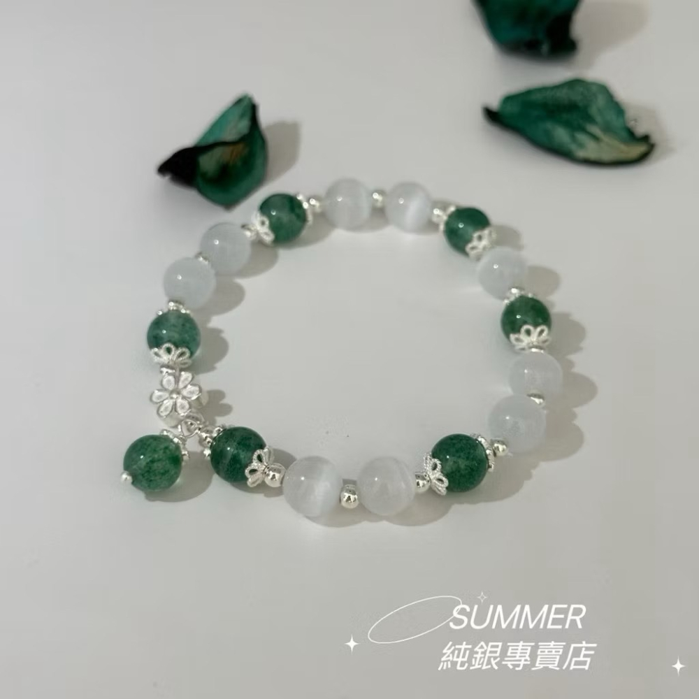 SUMMER 銀飾💫［925純銀］小清新款 天然草莓晶石手鏈 紅草莓晶/綠草莓晶 天然晶石手鍊  純銀手鏈 晶石能量手-細節圖5