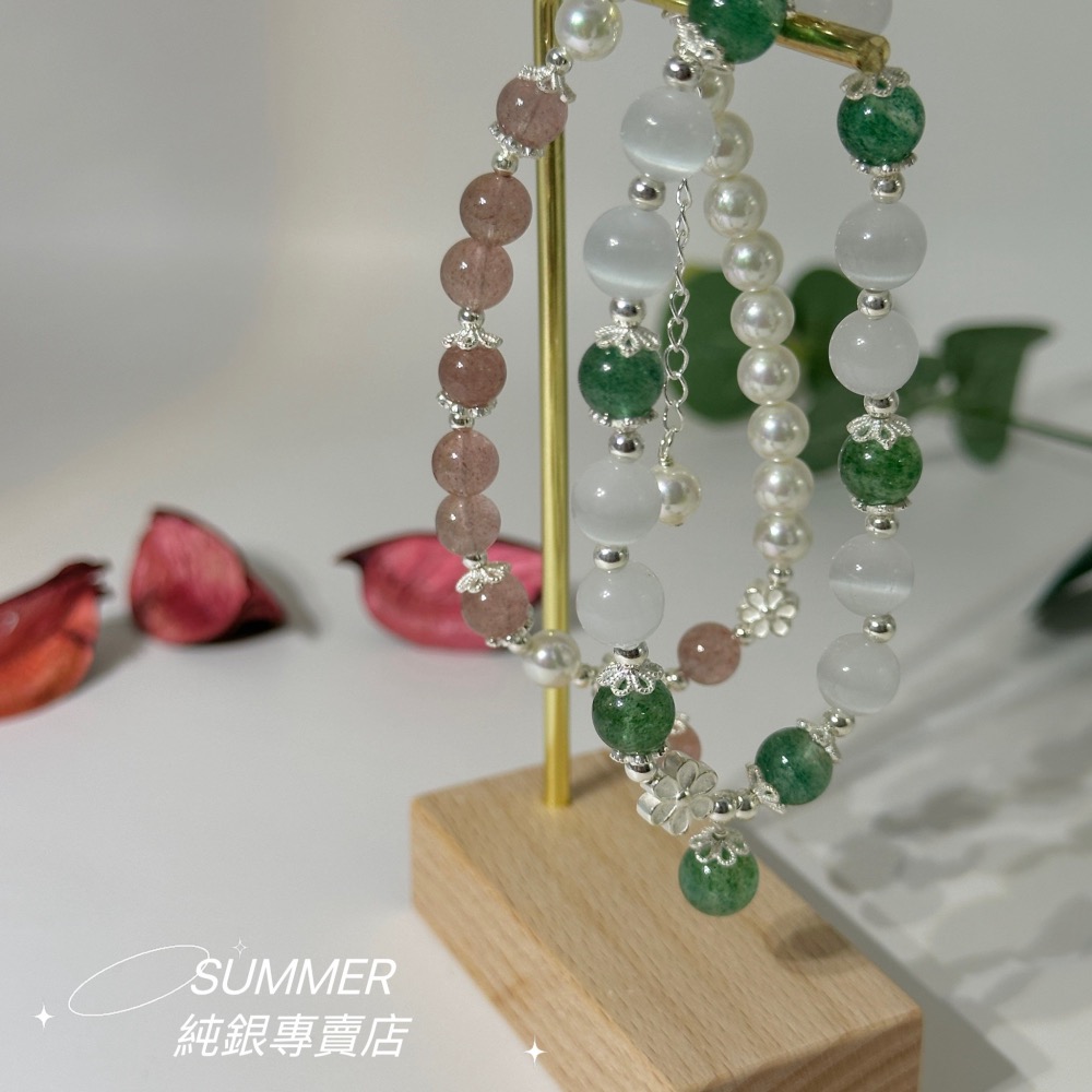 SUMMER 銀飾💫［925純銀］小清新款 天然草莓晶石手鏈 紅草莓晶/綠草莓晶 天然晶石手鍊  純銀手鏈 晶石能量手-細節圖2