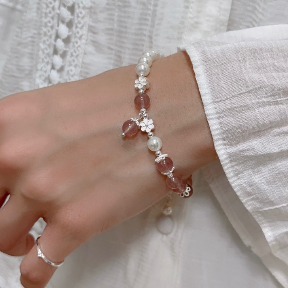 SUMMER 銀飾💫［925純銀］小清新款 天然草莓晶石手鏈 紅草莓晶/綠草莓晶 天然晶石手鍊  純銀手鏈 晶石能量手-細節圖9