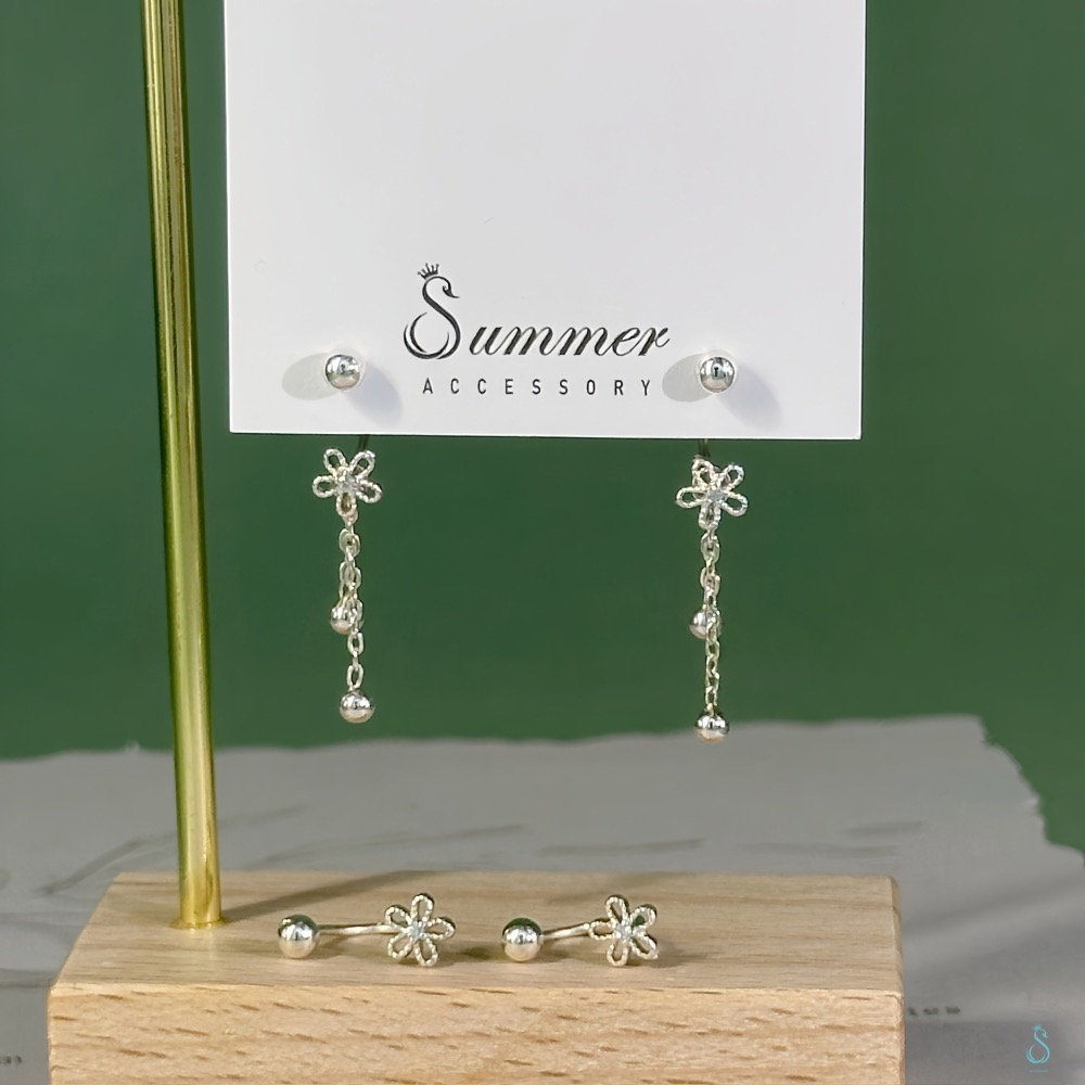 SUMMER 銀飾💫［999足銀］花朵流蘇轉珠耳環 <可三種佩戴方法>鎖珠式耳環 養耳 純銀耳環 純銀飾品-細節圖2