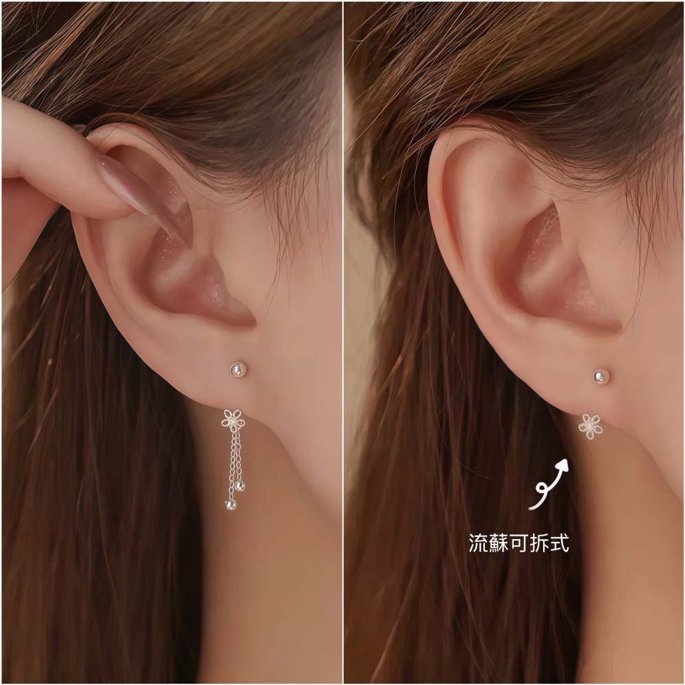 SUMMER 銀飾💫［999足銀］花朵流蘇轉珠耳環 <可三種佩戴方法>鎖珠式耳環 養耳 純銀耳環 純銀飾品-細節圖3