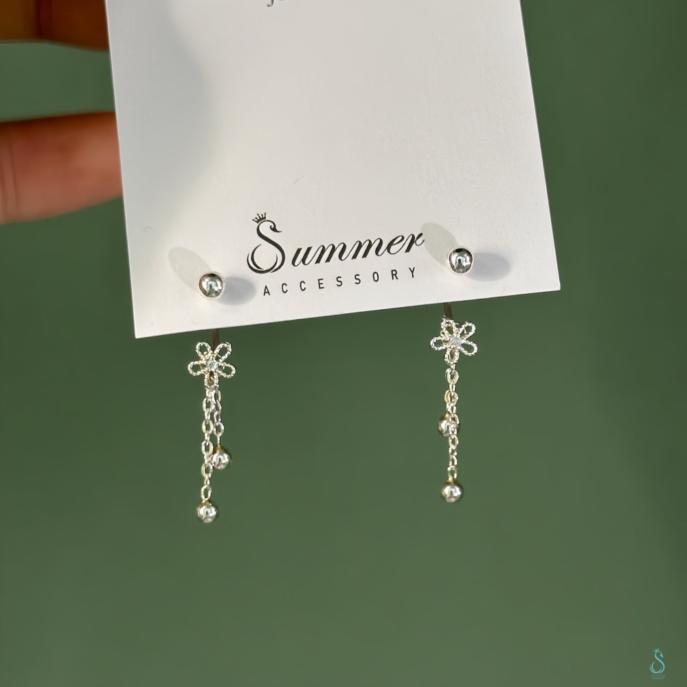 SUMMER 銀飾💫［999足銀］花朵流蘇轉珠耳環 <可三種佩戴方法>鎖珠式耳環 養耳 純銀耳環 純銀飾品-細節圖4