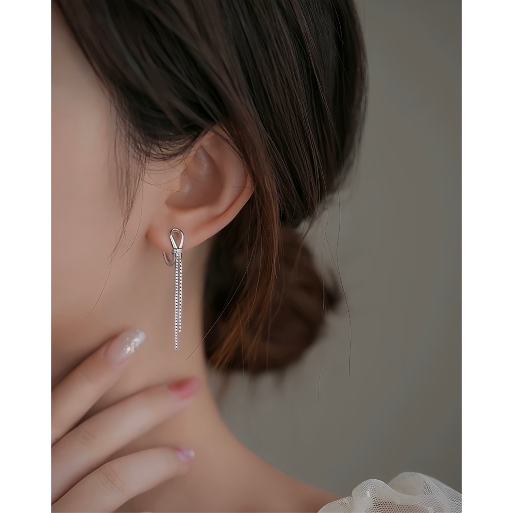 SUMMER 銀飾💫［925純銀］簡約流線耳環 易扣式 修飾小V臉 流蘇耳扣耳環 純銀耳環 純銀飾品-細節圖8