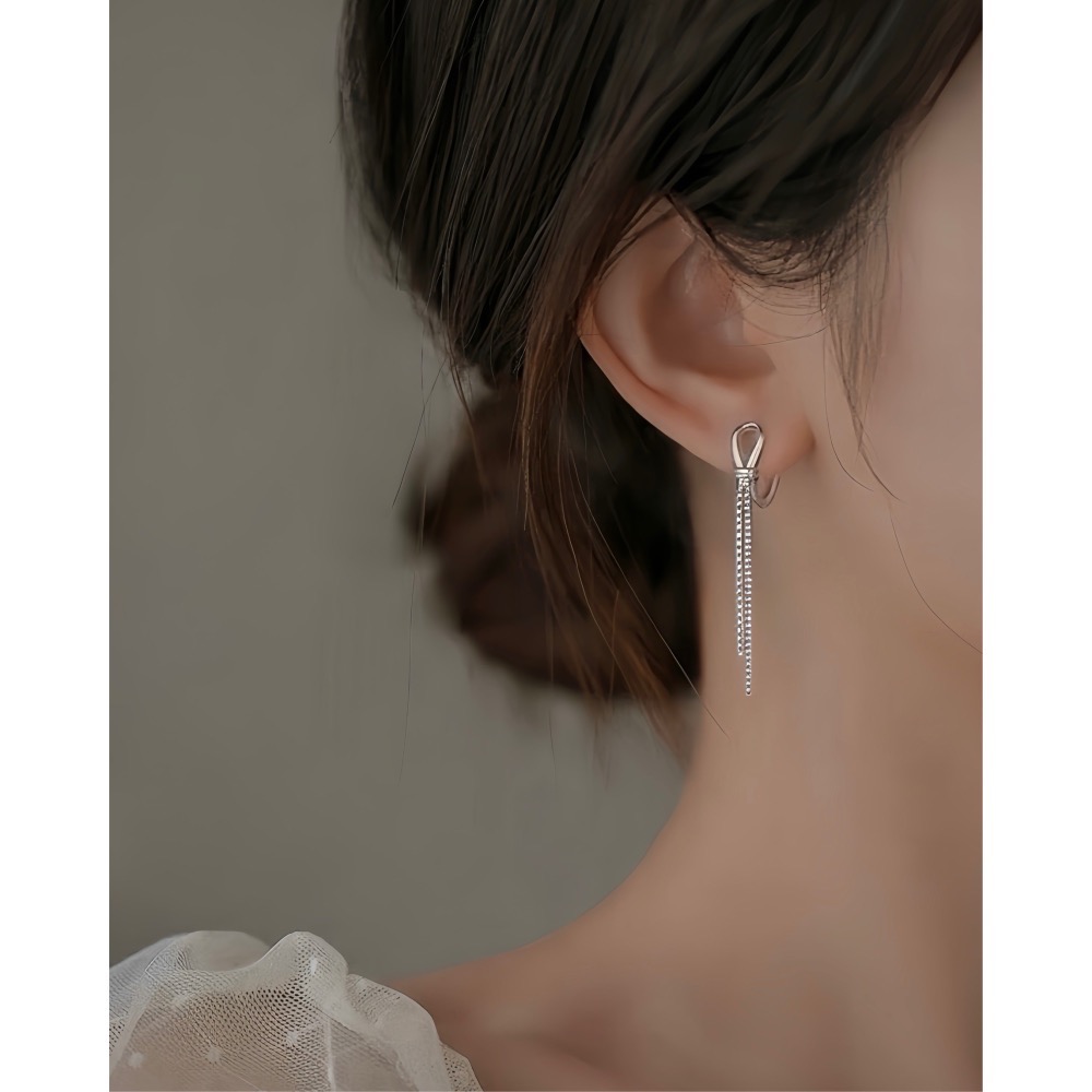 SUMMER 銀飾💫［925純銀］簡約流線耳環 易扣式 修飾小V臉 流蘇耳扣耳環 純銀耳環 純銀飾品-細節圖9