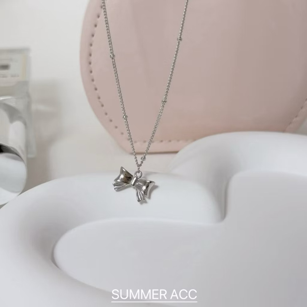 SUMMER 銀飾💫［925純銀］法式芭蕾 🎀蝴蝶結項鍊 雙面立體蝴蝶結 間隔銀珠項鍊 鎖骨項鏈 純銀項鍊-細節圖2