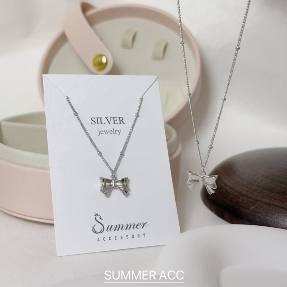 SUMMER 銀飾💫［925純銀］法式芭蕾 🎀蝴蝶結項鍊 雙面立體蝴蝶結 間隔銀珠項鍊 鎖骨項鏈 純銀項鍊-細節圖3