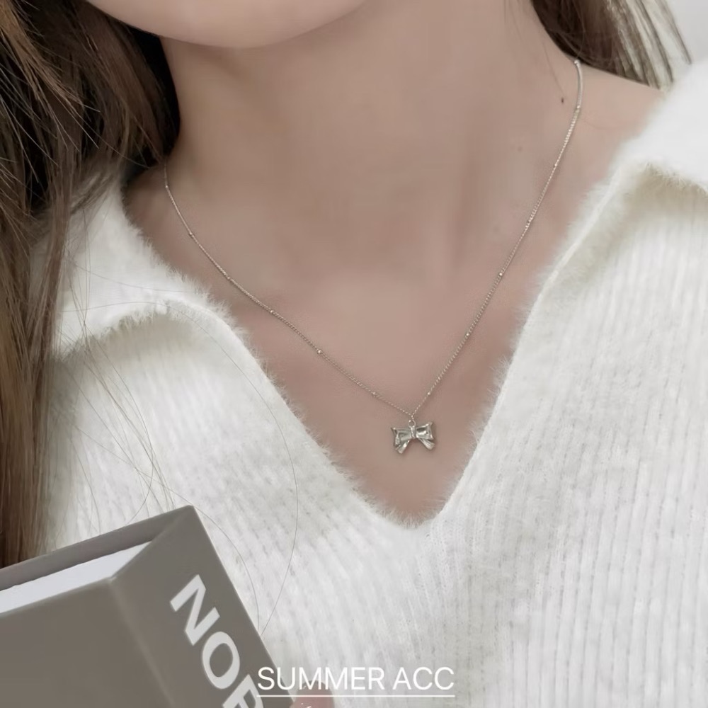 SUMMER 銀飾💫［925純銀］法式芭蕾 🎀蝴蝶結項鍊 雙面立體蝴蝶結 間隔銀珠項鍊 鎖骨項鏈 純銀項鍊-細節圖4