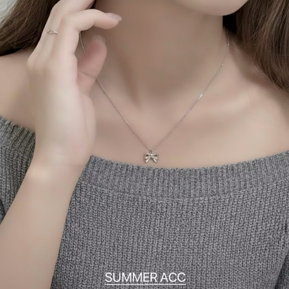 SUMMER 銀飾💫［925純銀］法式芭蕾 🎀蝴蝶結項鍊 雙面立體蝴蝶結 間隔銀珠項鍊 鎖骨項鏈 純銀項鍊-細節圖5