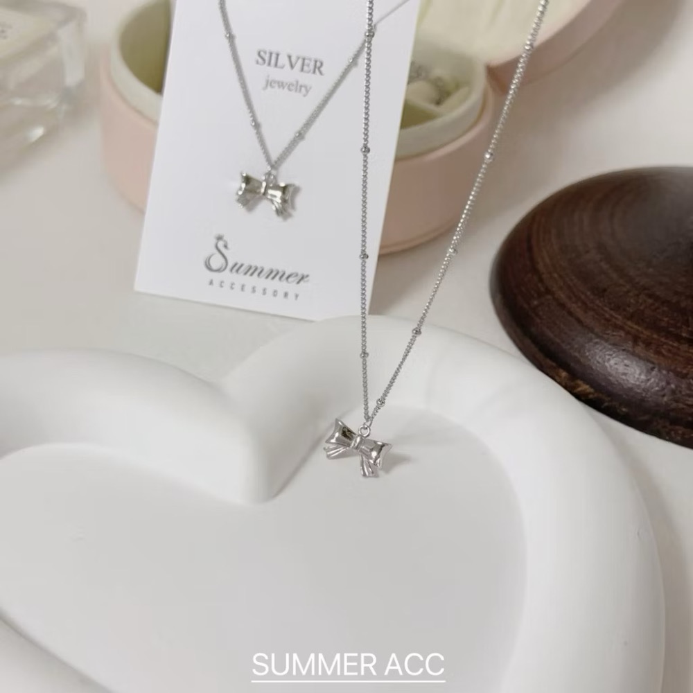 SUMMER 銀飾💫［925純銀］法式芭蕾 🎀蝴蝶結項鍊 雙面立體蝴蝶結 間隔銀珠項鍊 鎖骨項鏈 純銀項鍊-細節圖7