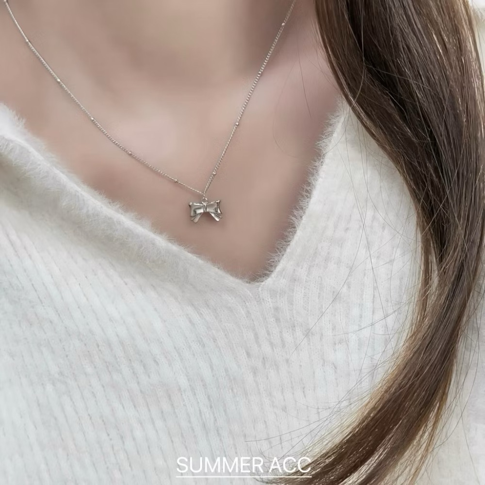 SUMMER 銀飾💫［925純銀］法式芭蕾 🎀蝴蝶結項鍊 雙面立體蝴蝶結 間隔銀珠項鍊 鎖骨項鏈 純銀項鍊-細節圖8