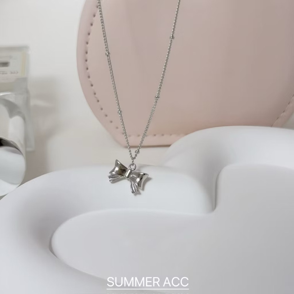 SUMMER 銀飾💫［925純銀］法式芭蕾 🎀蝴蝶結項鍊 雙面立體蝴蝶結 間隔銀珠項鍊 鎖骨項鏈 純銀項鍊-細節圖2