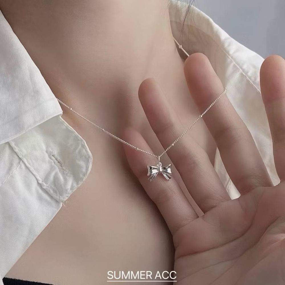 SUMMER 銀飾💫［925純銀］法式芭蕾 🎀蝴蝶結項鍊 雙面立體蝴蝶結 間隔銀珠項鍊 鎖骨項鏈 純銀項鍊-細節圖3