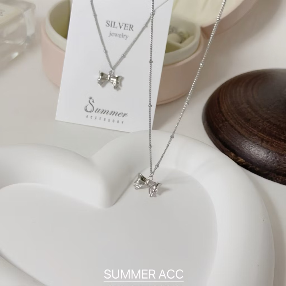 SUMMER 銀飾💫［925純銀］法式芭蕾 🎀蝴蝶結項鍊 雙面立體蝴蝶結 間隔銀珠項鍊 鎖骨項鏈 純銀項鍊-細節圖4