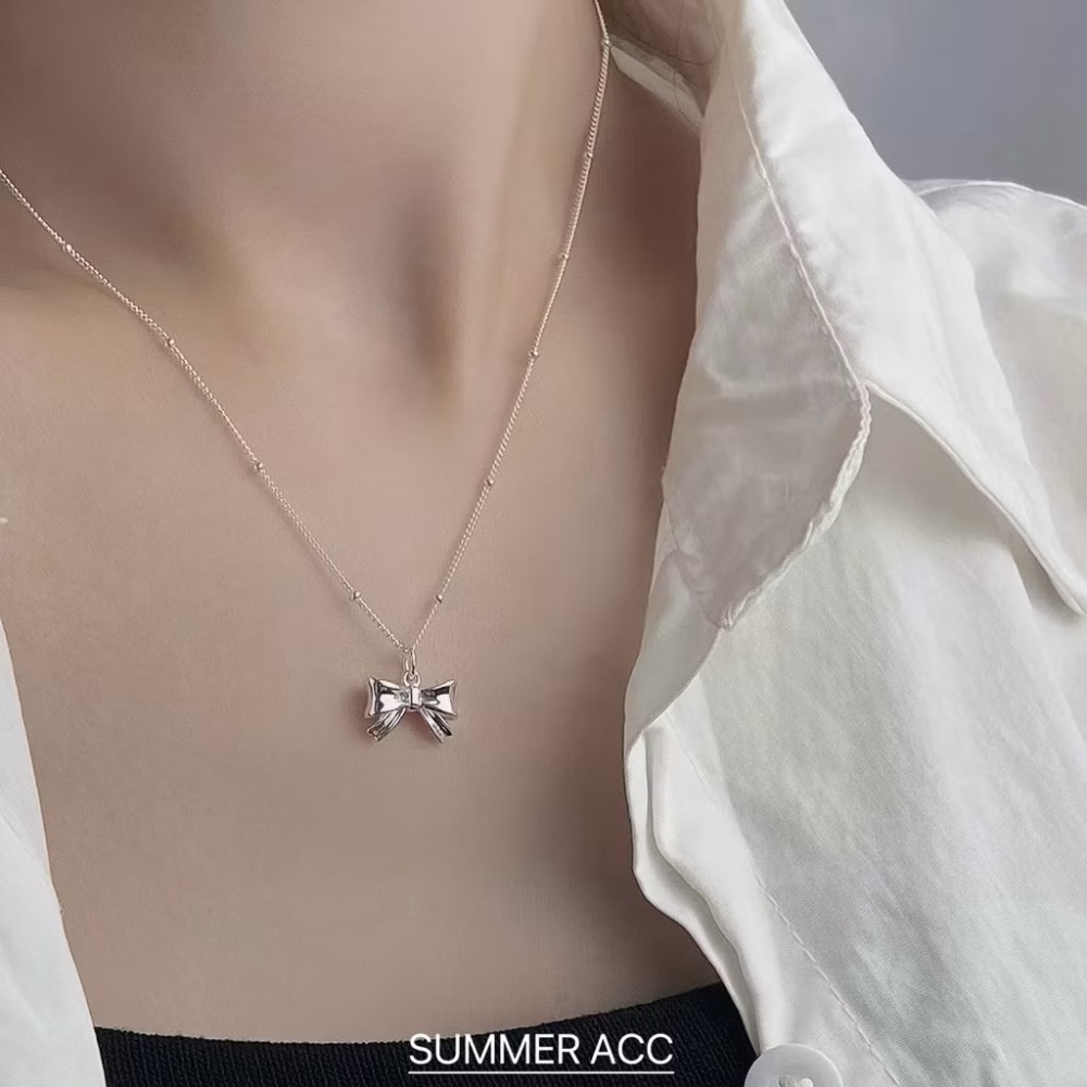 SUMMER 銀飾💫［925純銀］法式芭蕾 🎀蝴蝶結項鍊 雙面立體蝴蝶結 間隔銀珠項鍊 鎖骨項鏈 純銀項鍊-細節圖7