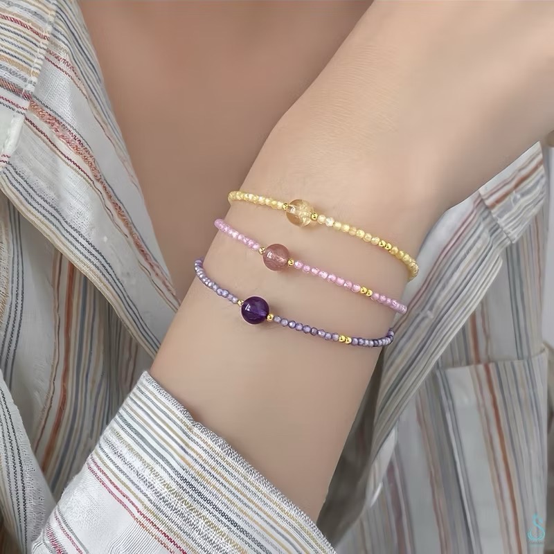 SUMMER 銀飾💫［S925純銀］招財/助業/幸福愛情 幸運石 天然晶石能量手作手鏈 純銀手鏈 紫水晶 草莓晶 黃水-細節圖2