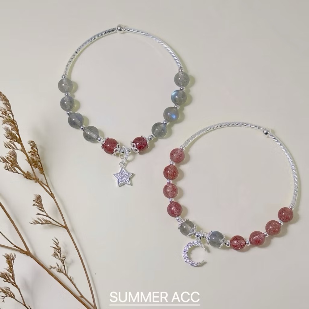 SUMMER 銀飾💫［S925純銀］💕好人緣正桃花開運必備款 彎月草莓晶&星耀月光石 天然晶石純銀手鏈 純銀飾品-細節圖2
