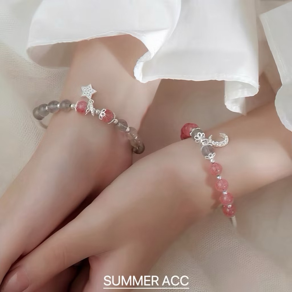 SUMMER 銀飾💫［S925純銀］💕好人緣正桃花開運必備款 彎月草莓晶&星耀月光石 天然晶石純銀手鏈 純銀飾品-細節圖3