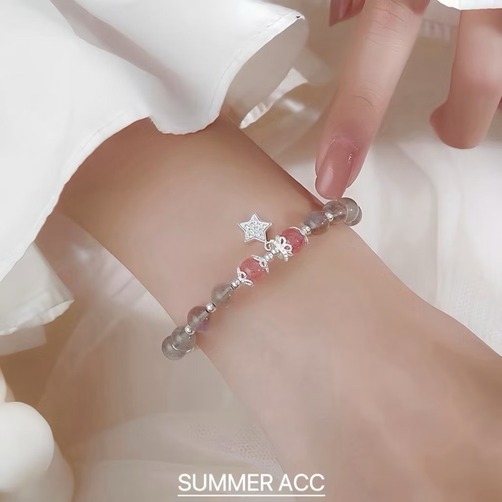 SUMMER 銀飾💫［S925純銀］💕好人緣正桃花開運必備款 彎月草莓晶&星耀月光石 天然晶石純銀手鏈 純銀飾品-細節圖4