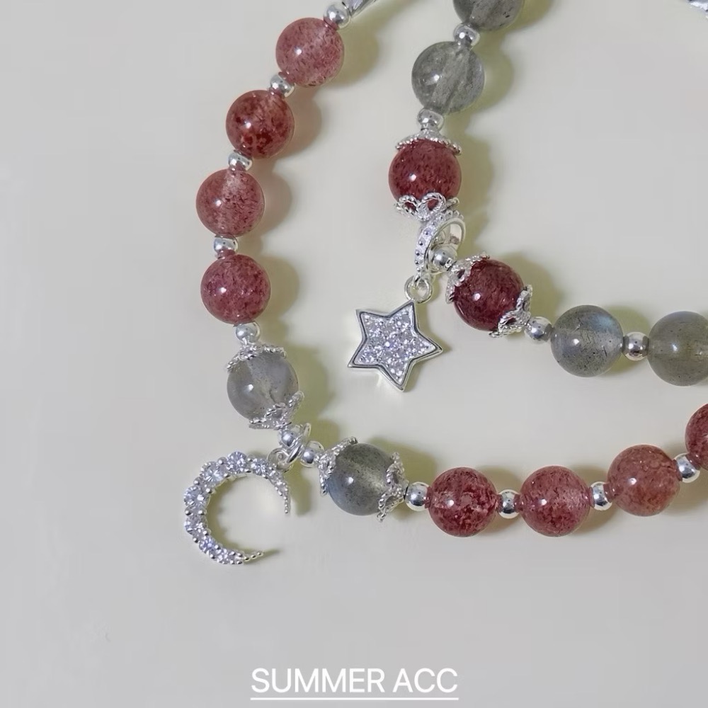 SUMMER 銀飾💫［S925純銀］💕好人緣正桃花開運必備款 彎月草莓晶&星耀月光石 天然晶石純銀手鏈 純銀飾品-細節圖5