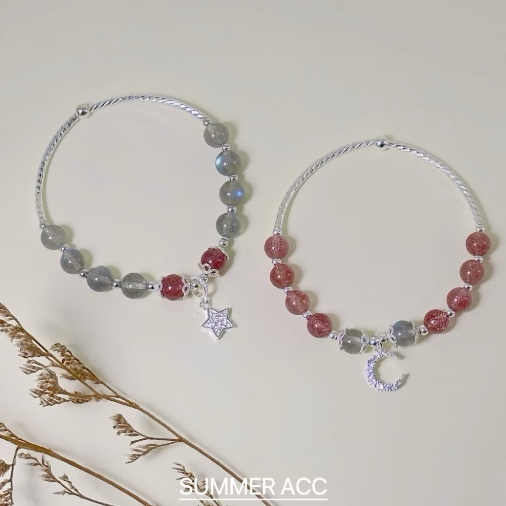 SUMMER 銀飾💫［S925純銀］💕好人緣正桃花開運必備款 彎月草莓晶&星耀月光石 天然晶石純銀手鏈 純銀飾品-細節圖7