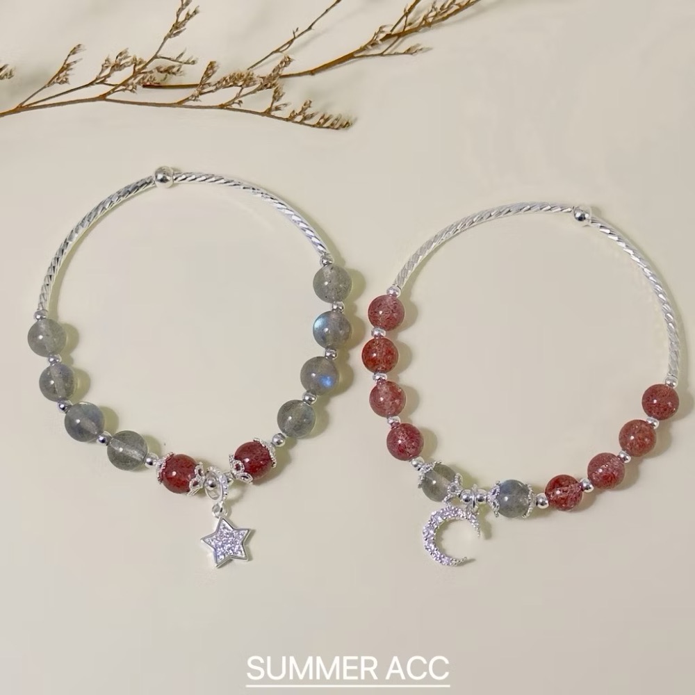 SUMMER 銀飾💫［S925純銀］💕好人緣正桃花開運必備款 彎月草莓晶&星耀月光石 天然晶石純銀手鏈 純銀飾品-細節圖8