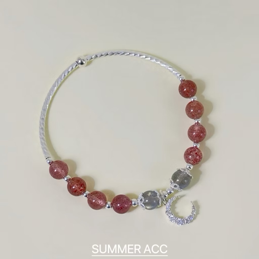 SUMMER 銀飾💫［S925純銀］💕好人緣正桃花開運必備款 彎月草莓晶&星耀月光石 天然晶石純銀手鏈 純銀飾品-規格圖9