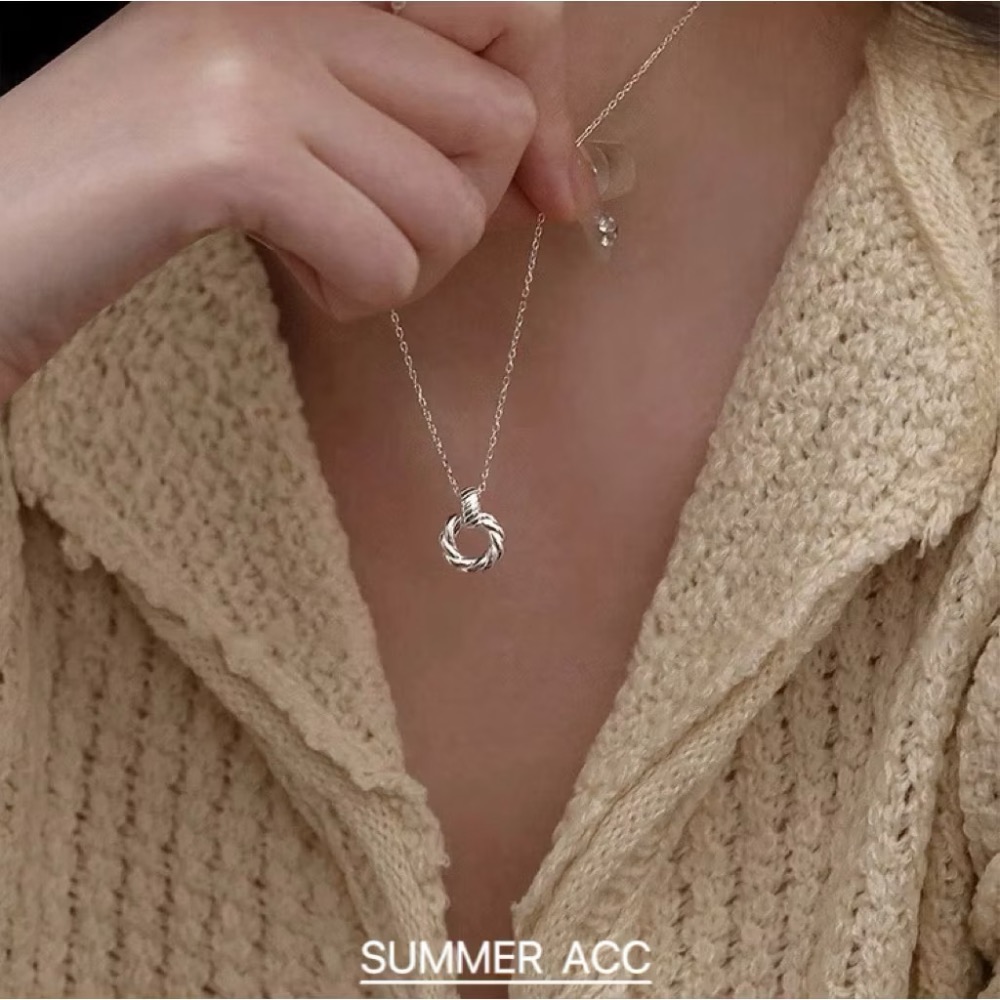 SUMMER韓 銀飾💫［925純銀］小圓滿 編織麻花捲項鍊 正韓 圓環項鍊 純銀項鏈 純銀飾品-細節圖8