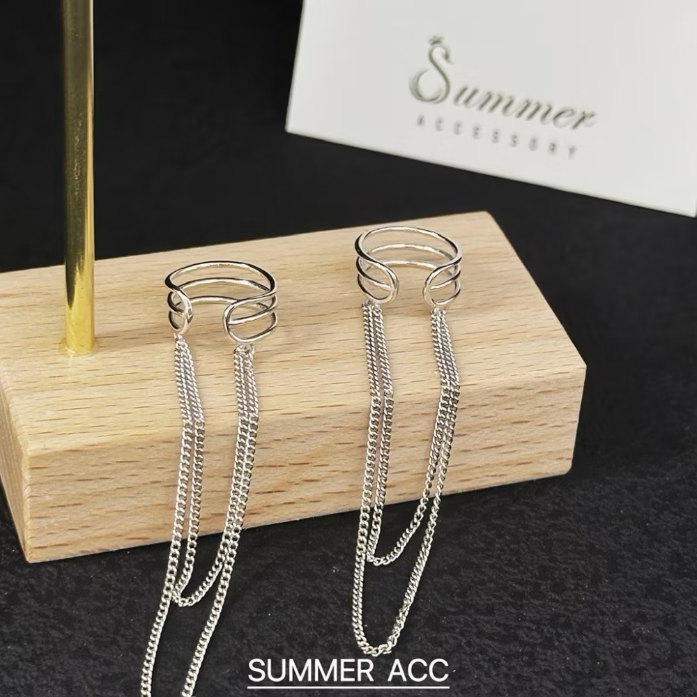 SUMMER韓 銀飾💫［925純銀］層次雙鏈耳夾 長款流蘇耳夾 耳骨夾 無耳洞可佩戴 純銀耳夾 純銀耳環 銀飾品-細節圖2