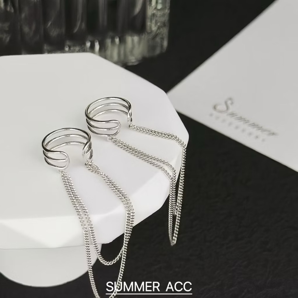 SUMMER韓 銀飾💫［925純銀］層次雙鏈耳夾 長款流蘇耳夾 耳骨夾 無耳洞可佩戴 純銀耳夾 純銀耳環 銀飾品-細節圖5