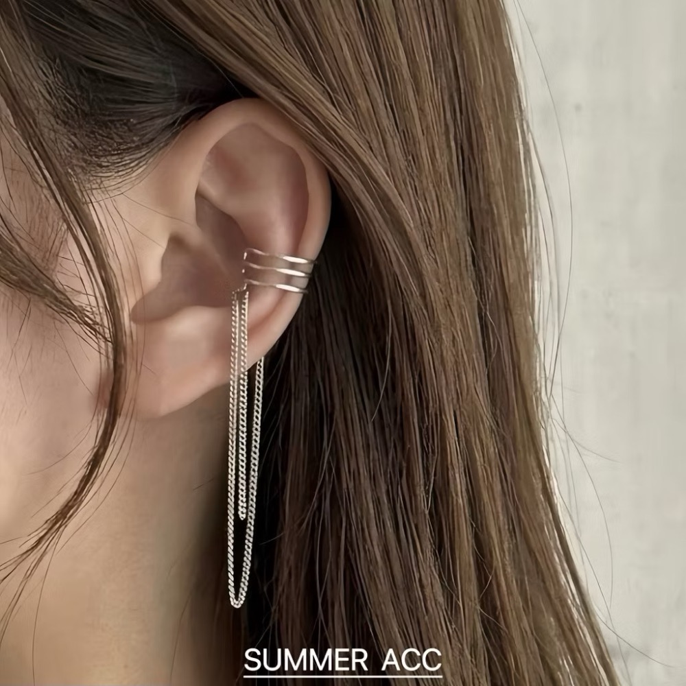 SUMMER韓 銀飾💫［925純銀］層次雙鏈耳夾 長款流蘇耳夾 耳骨夾 無耳洞可佩戴 純銀耳夾 純銀耳環 銀飾品-細節圖6