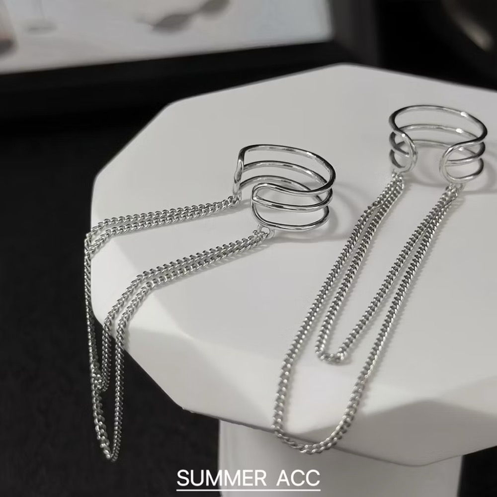 SUMMER韓 銀飾💫［925純銀］層次雙鏈耳夾 長款流蘇耳夾 耳骨夾 無耳洞可佩戴 純銀耳夾 純銀耳環 銀飾品-細節圖7