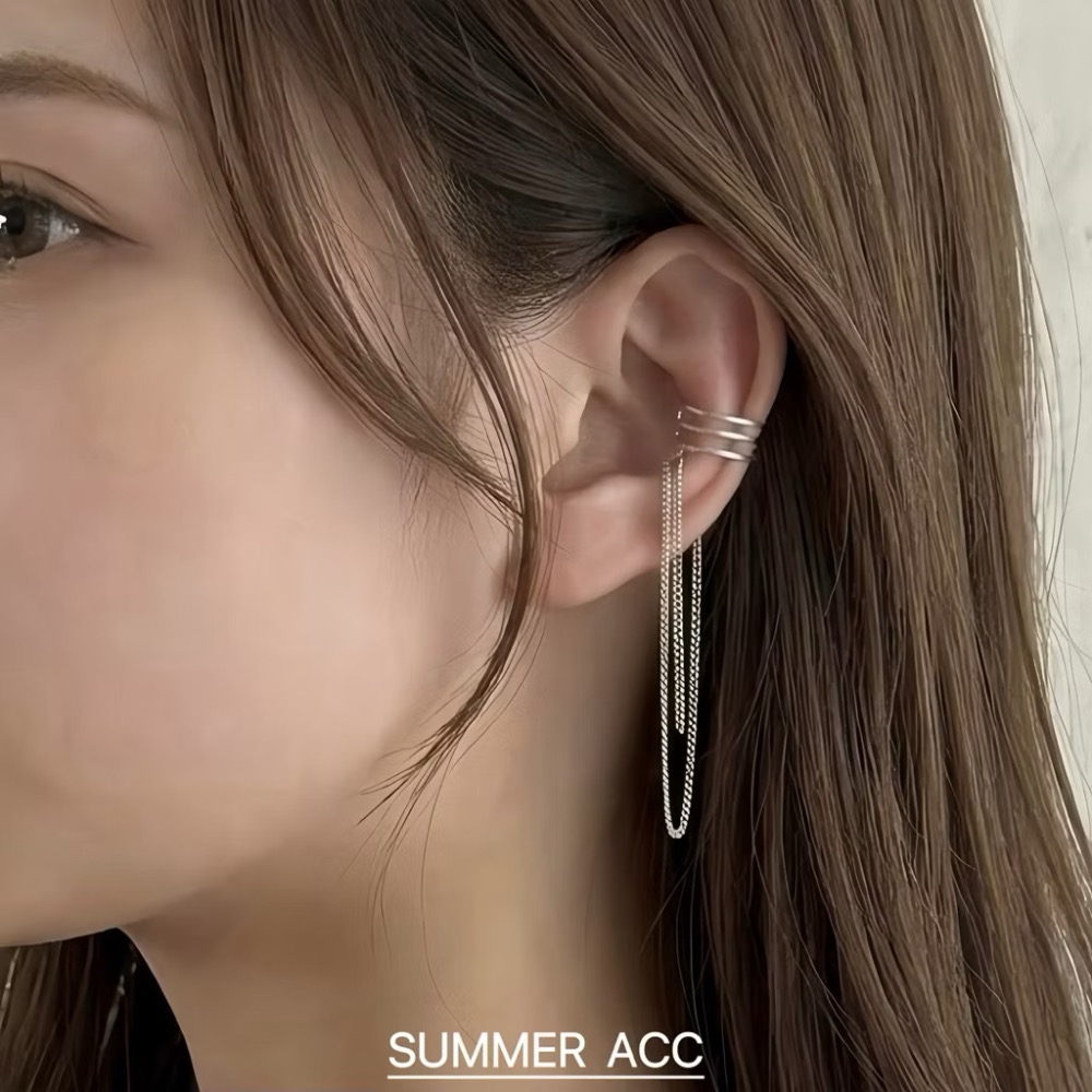 SUMMER韓 銀飾💫［925純銀］層次雙鏈耳夾 長款流蘇耳夾 耳骨夾 無耳洞可佩戴 純銀耳夾 純銀耳環 銀飾品-細節圖8