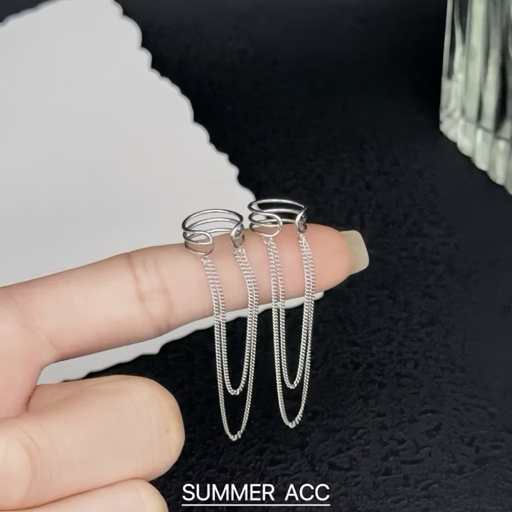 SUMMER韓 銀飾💫［925純銀］層次雙鏈耳夾 長款流蘇耳夾 耳骨夾 無耳洞可佩戴 純銀耳夾 純銀耳環 銀飾品-細節圖9