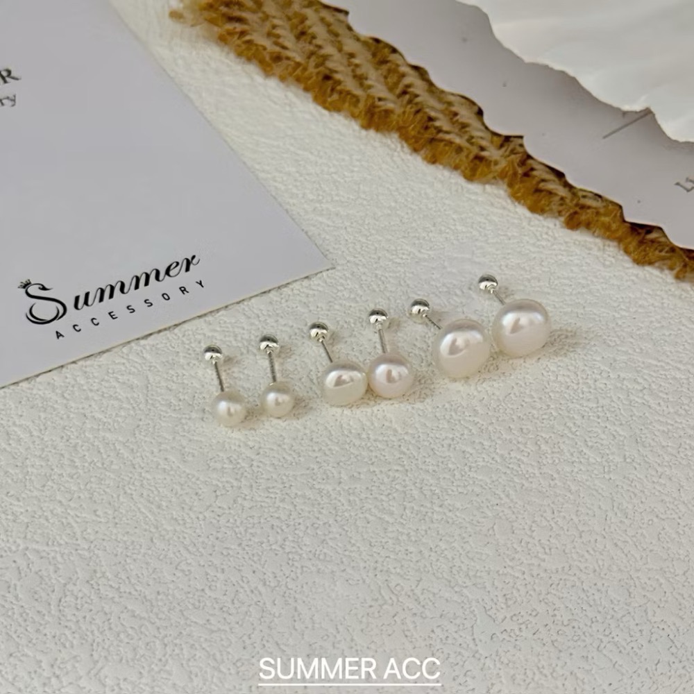 SUMMER 銀飾💫［S999足銀］天然淡水珍珠螺紋轉珠耳環 鎖珠式耳環 純銀耳環 純銀飾品-細節圖2