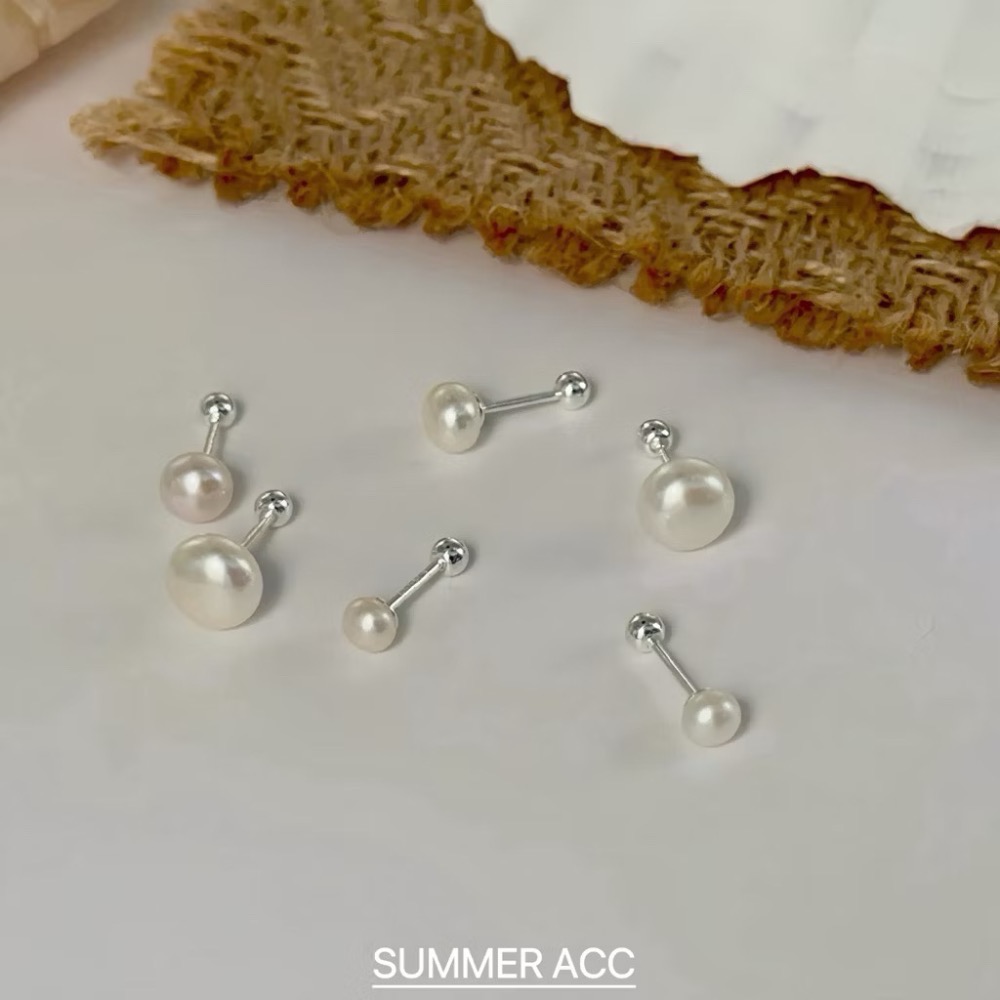 SUMMER 銀飾💫［S999足銀］天然淡水珍珠螺紋轉珠耳環 鎖珠式耳環 純銀耳環 純銀飾品-細節圖5