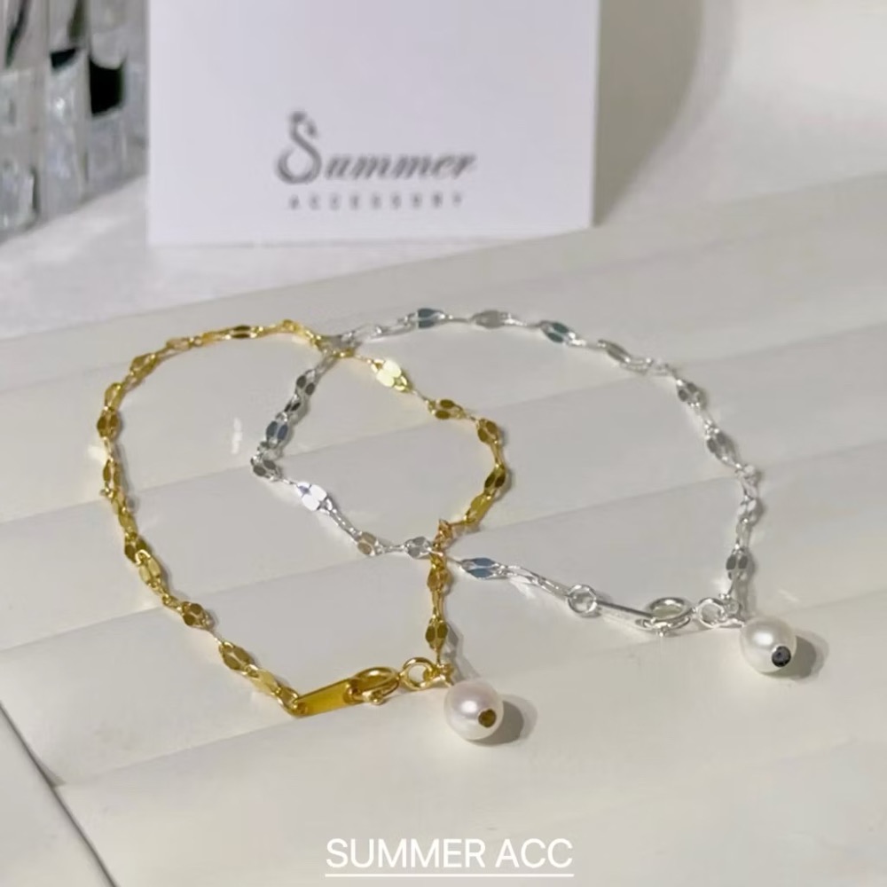 SUMMER 銀飾💫［925純銀］天然淡水珍珠閃片手鏈 純銀手鏈 純銀飾品-細節圖2