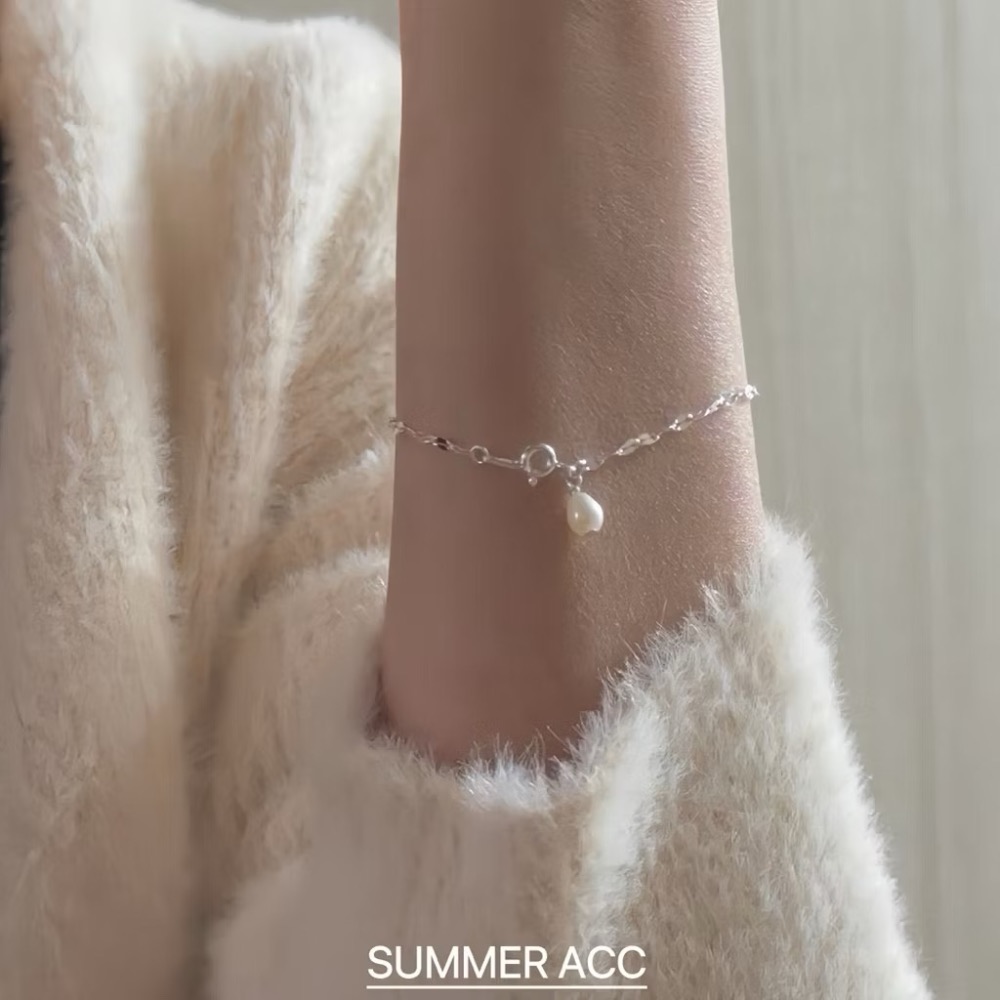 SUMMER 銀飾💫［925純銀］天然淡水珍珠閃片手鏈 純銀手鏈 純銀飾品-細節圖3