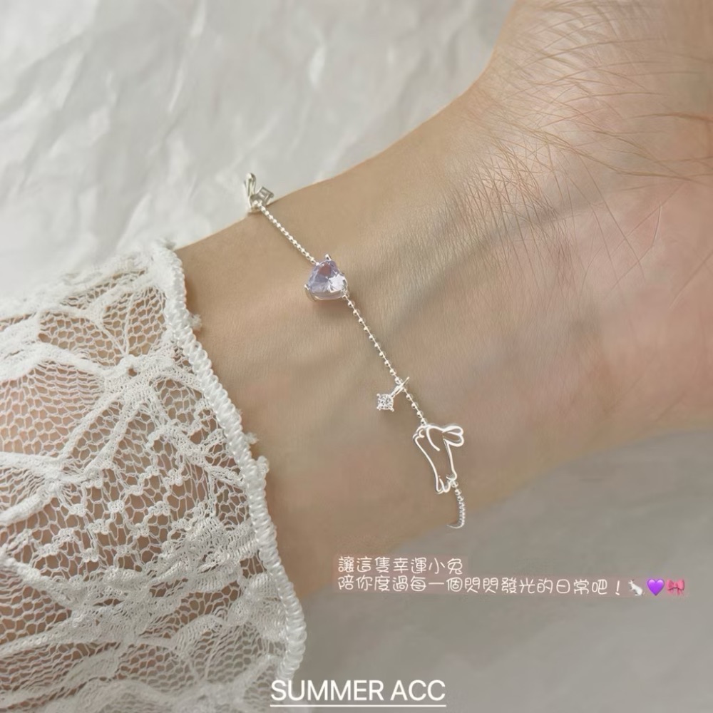 今夏可愛爆擊純銀手鏈 SUMMER韓 銀飾💫［925純銀］<遇見幸運兔>紫心 蝴蝶結 可愛元素 正韓 純銀手鍊 純銀飾-細節圖3