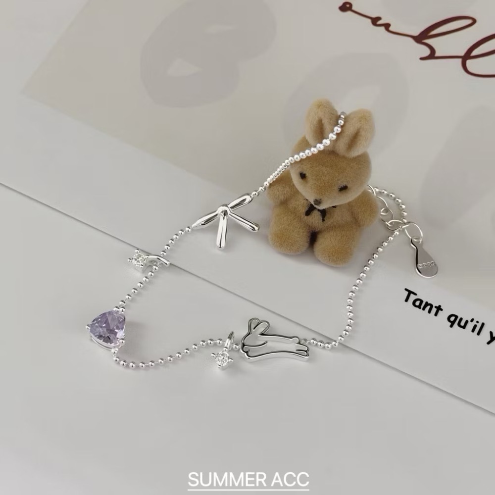 今夏可愛爆擊純銀手鏈 SUMMER韓 銀飾💫［925純銀］<遇見幸運兔>紫心 蝴蝶結 可愛元素 正韓 純銀手鍊 純銀飾-細節圖4