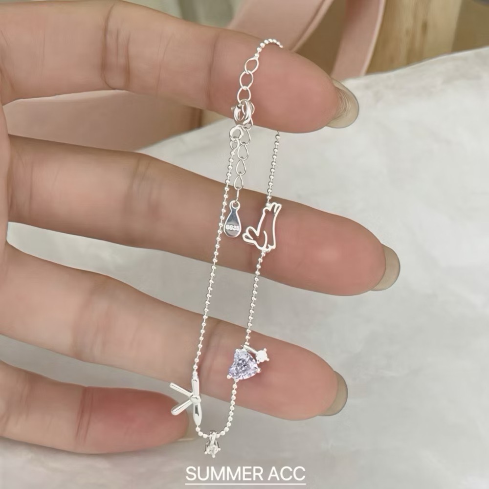今夏可愛爆擊純銀手鏈 SUMMER韓 銀飾💫［925純銀］<遇見幸運兔>紫心 蝴蝶結 可愛元素 正韓 純銀手鍊 純銀飾-細節圖5