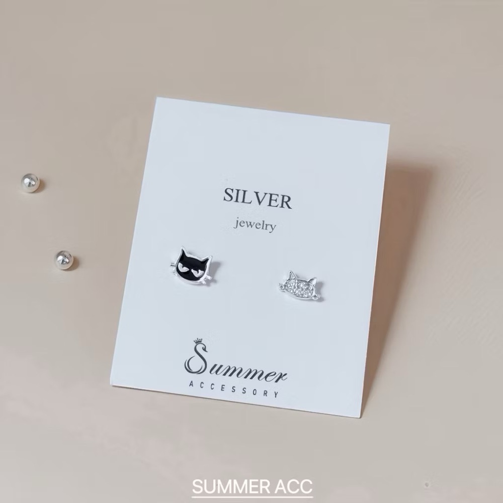 SUMMER 銀飾💫［S999足銀］韓系療癒<黑白貓咪協奏曲>小黑貓轉珠耳環 鎖珠式耳環 耳骨耳環 純銀耳環 純銀飾品-細節圖3